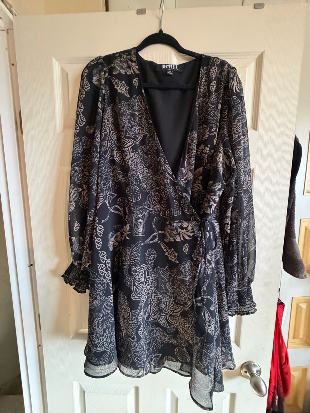 Disturbia Black Floral Wrap Dress with Light Gray Print